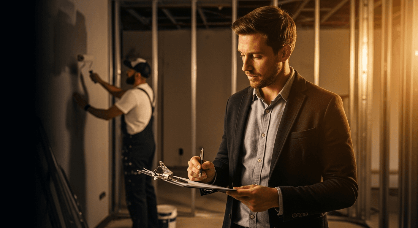A construction operator in smart casual clothing reviewing plans on a clipboard at a renovation site while a tradesperson paints the wall in the background, illustrating the management layer above the trade execution.