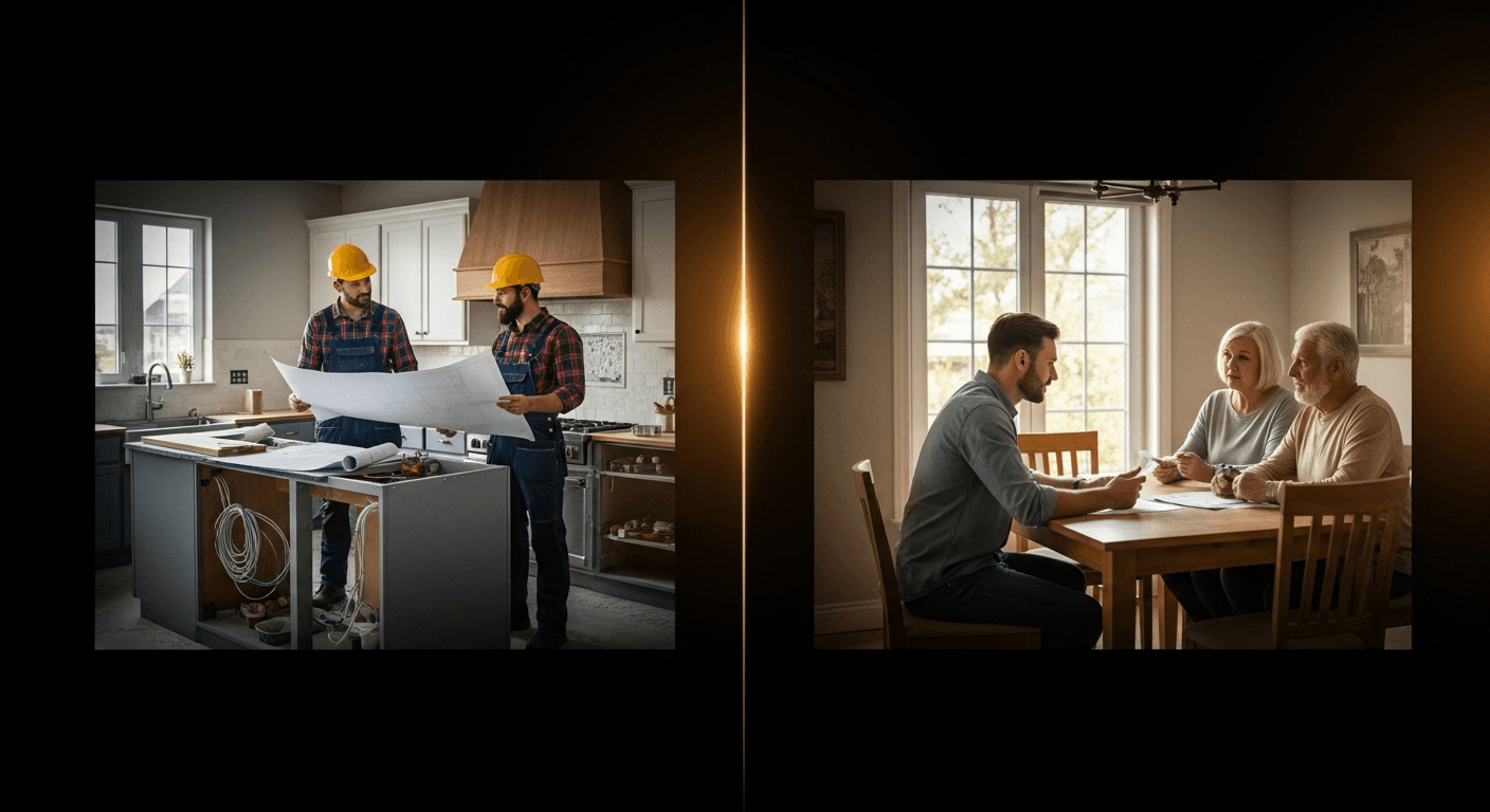 Split scene showing a contractor reviewing renovation plans with a subcontractor on a job site on the left, and a wholesaler sitting across a kitchen table from a distressed property seller on the right.