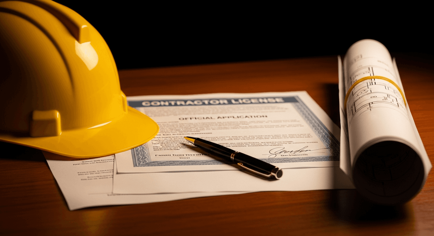 A contractor license certificate and application form laid on a desk beside a hard hat, a pen, and a set of architectural blueprints.