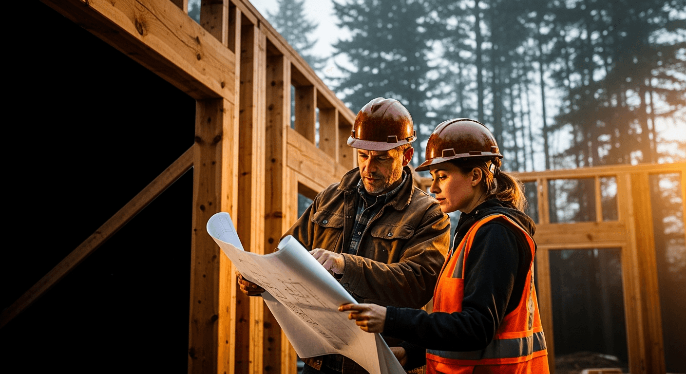 A general contractor reviewing blueprints with a subcontractor at a Canadian timber-frame residential construction site, pine trees visible in the background under an overcast sky.