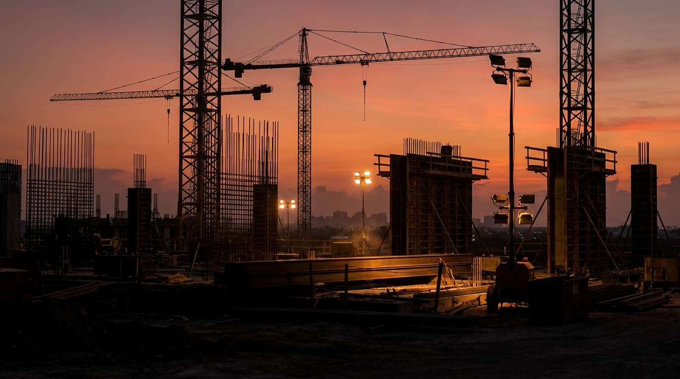 A Miami construction site at golden hour with tower cranes and concrete high-rise formwork silhouetted against an orange and pink Florida sunset.