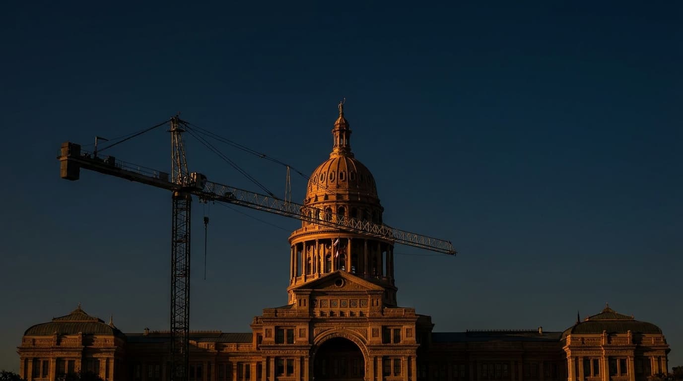 The Texas State Capitol building in Austin with a construction crane visible against a clear blue sky.