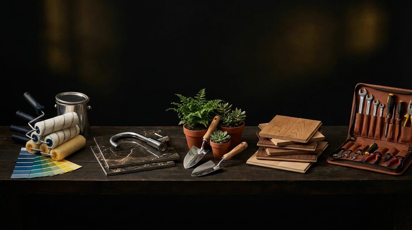 Five construction trade tools and materials arranged on a dark workshop table - paint rollers with colour swatches, bathroom tiles with chrome fittings, landscaping trowels beside green plants, hardwood flooring samples, and a handyman toolkit.