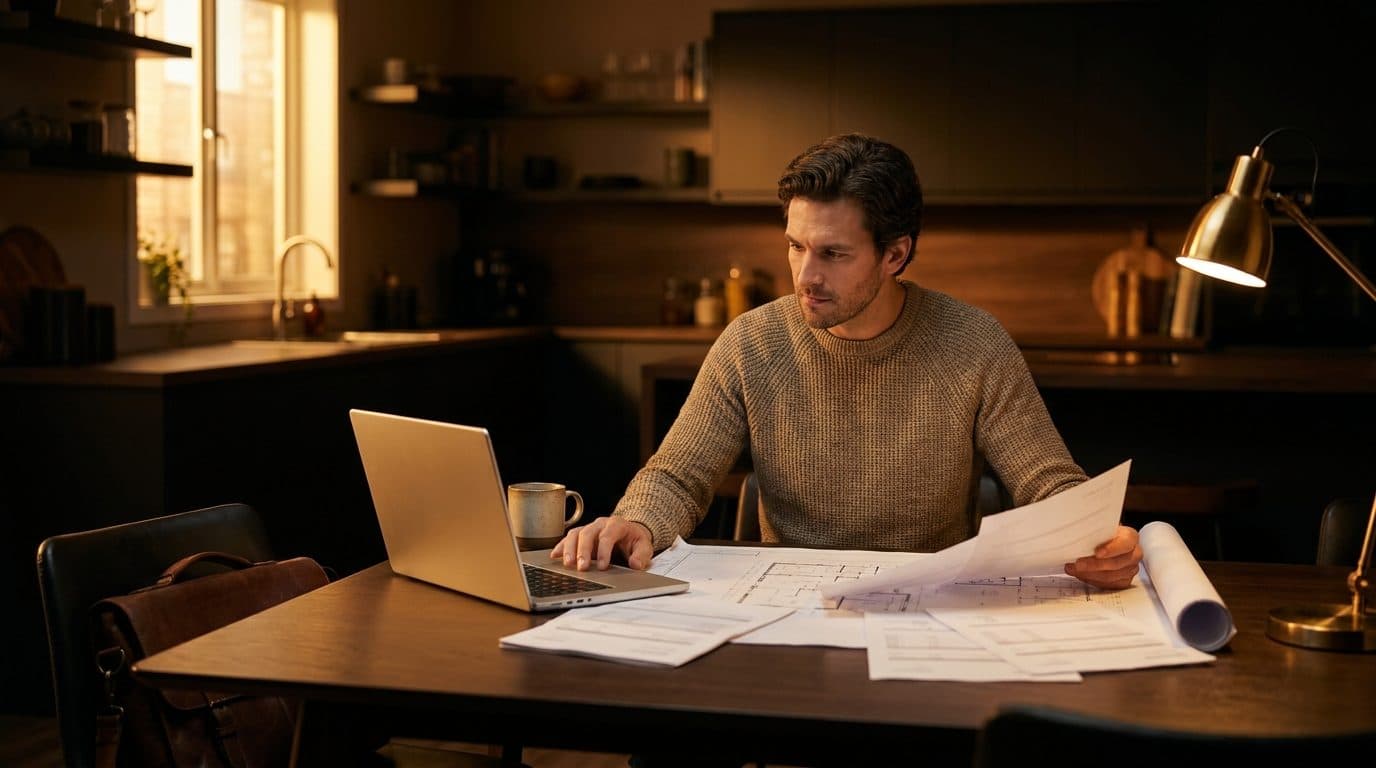 A person in casual clothes reviewing construction blueprints and subcontractor quotes at a kitchen table, laptop open beside them, no tools or workwear in sight.