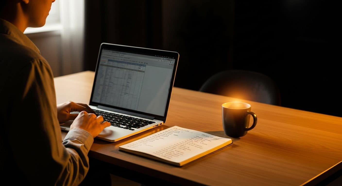 A person at a home desk reviewing a construction quote on a laptop with a notepad of subcontractor names beside them, no tools or workwear in sight.