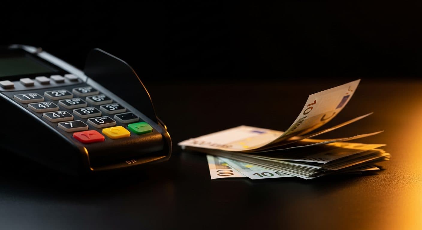 A card payment machine and fanned bank notes on a dark desk, evoking cash flow in a construction arbitrage business.