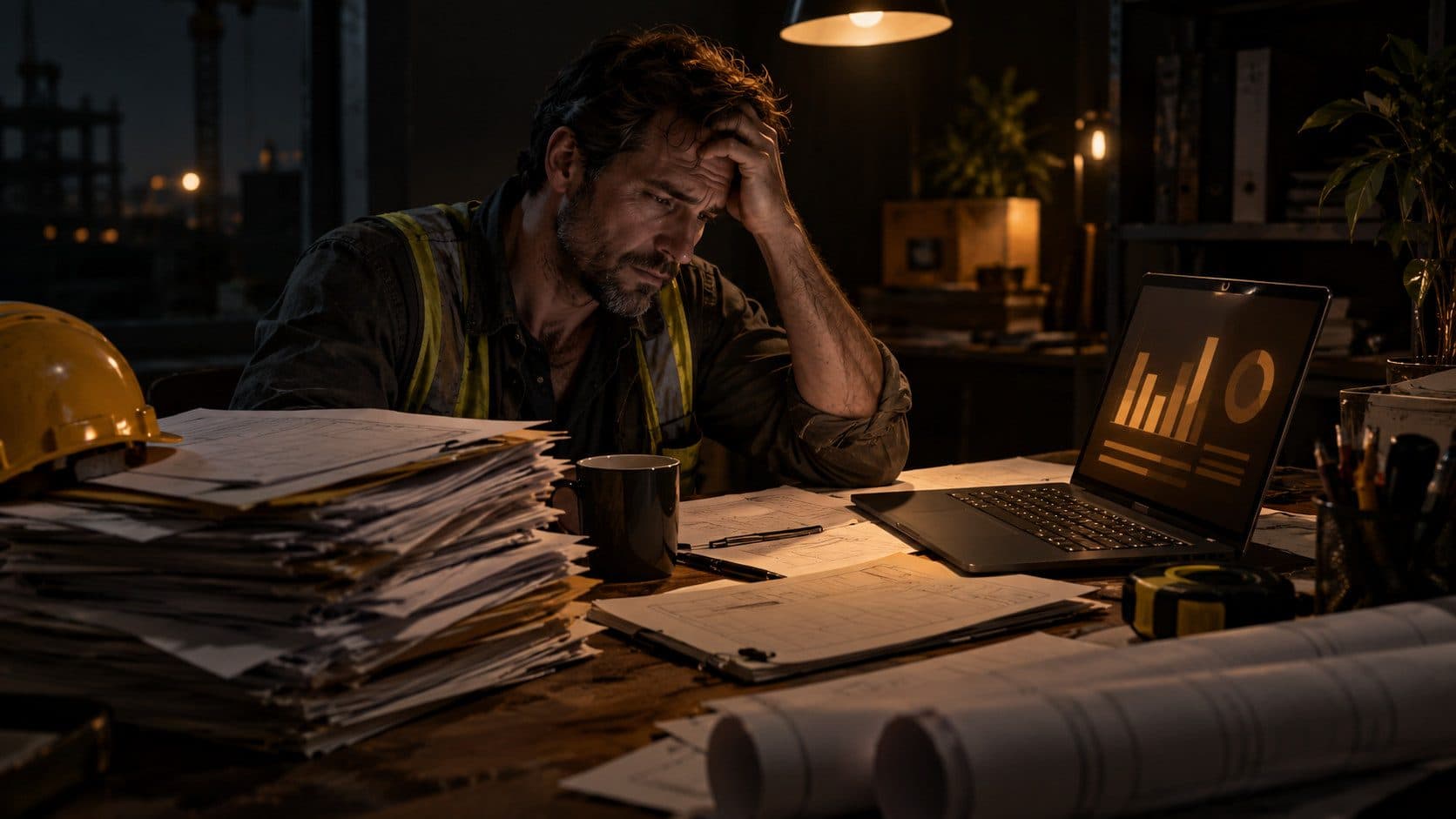 A person reviewing unpaid invoices spread across a desk beside a laptop, overhead light casting shadows, suggesting late-night cash flow pressure in a contractor business.