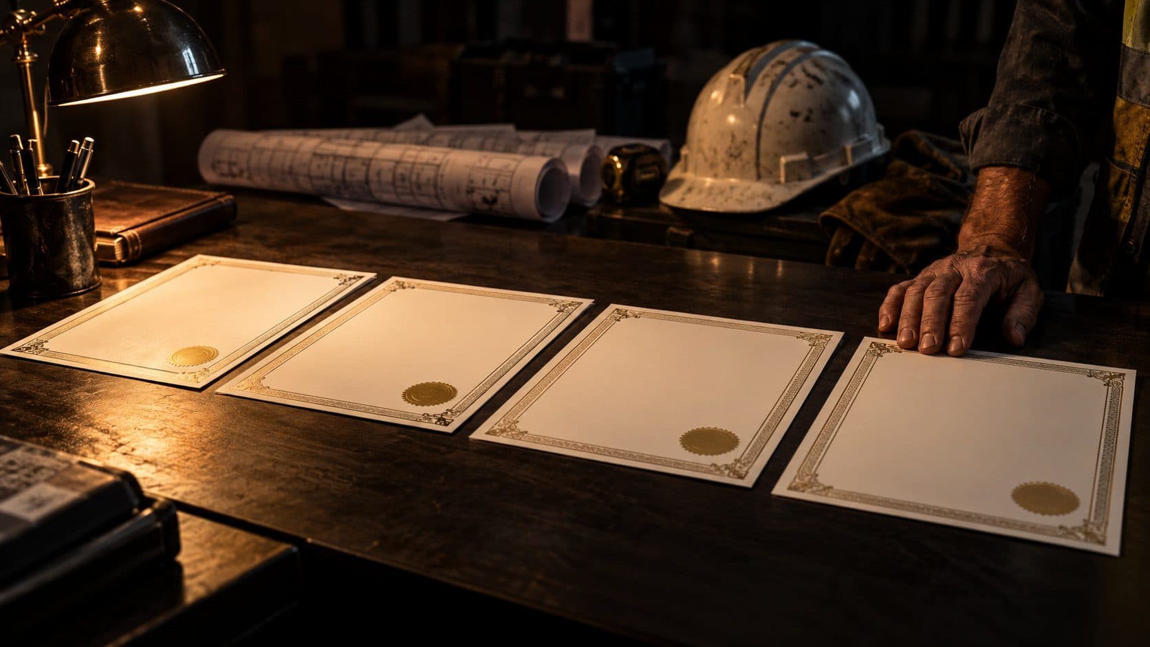 Four blank certificates laid side by side on a dark site-office desk under a warm lamp, with a contractor's hand resting on one of them