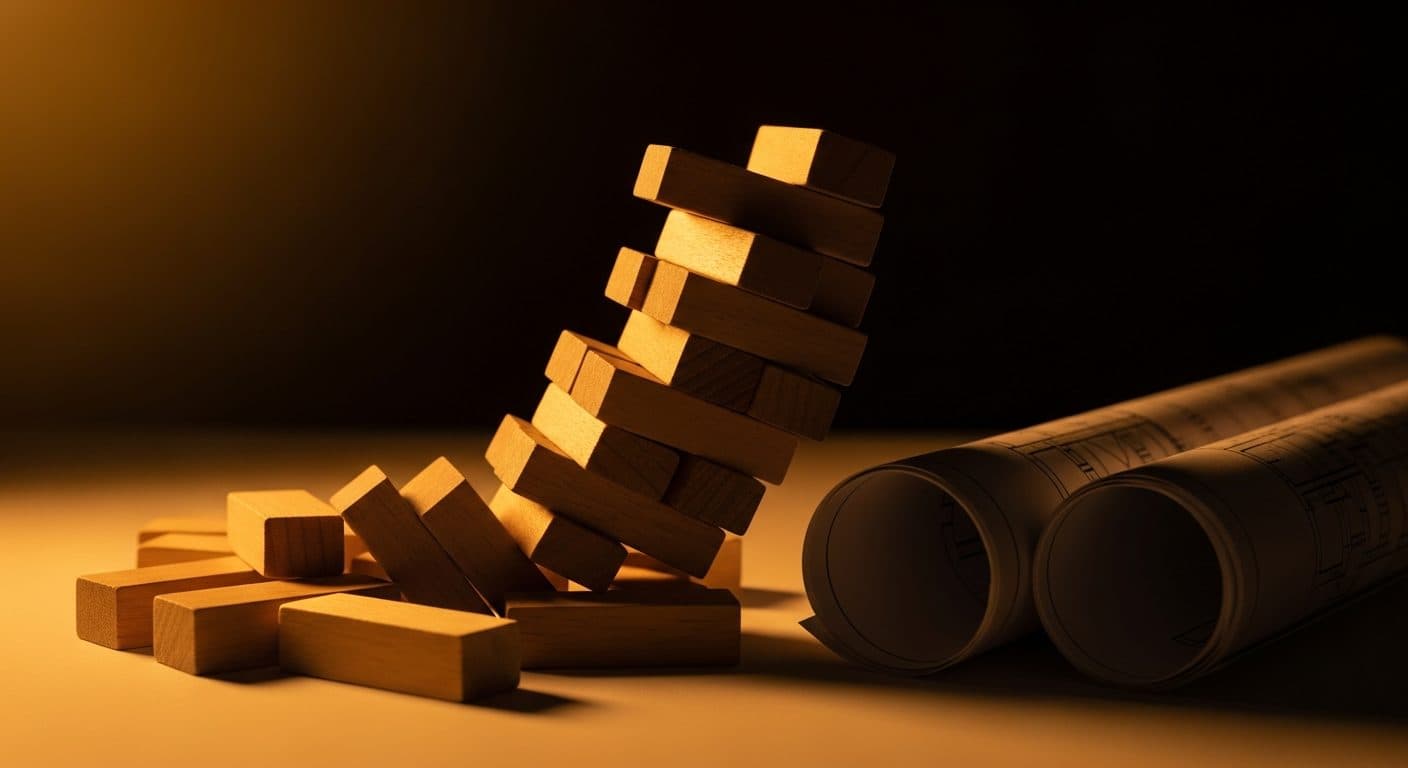 A toppling stack of wooden building blocks beside rolled construction plans under dramatic dark lighting.