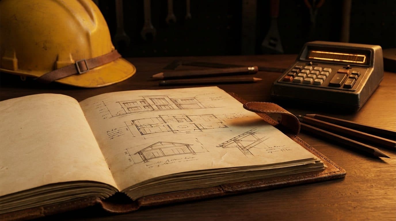 A project manager's desk with an open cost notebook showing three job sketches and margin calculations, a calculator, and a hard hat in the background under warm amber light
