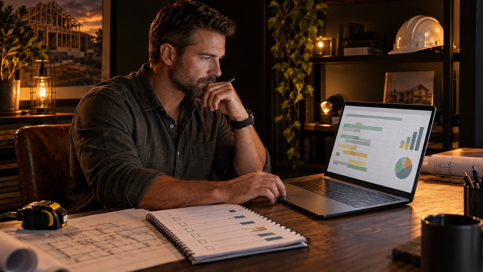 A person at a home office desk in the evening light, reviewing a construction quote on a laptop with a notepad and phone beside them, hard hat visible on a shelf behind.