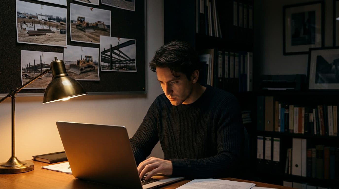A person reading an online discussion forum on a laptop in a dark home office, lit by an amber desk lamp, with construction site photos pinned on the wall.