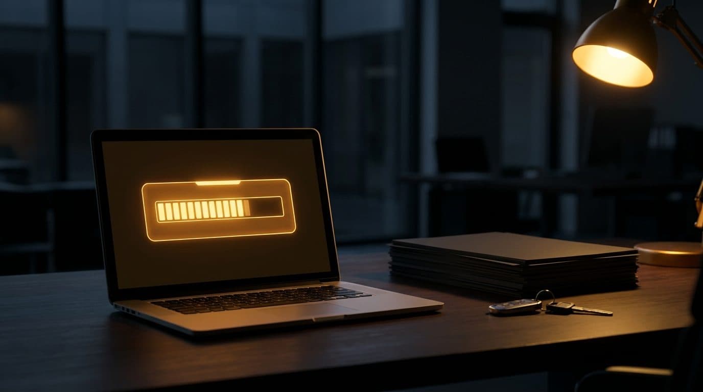 A laptop on a dark office desk at night showing a glowing amber progress bar, next to a stack of job sheets and a set of van keys
