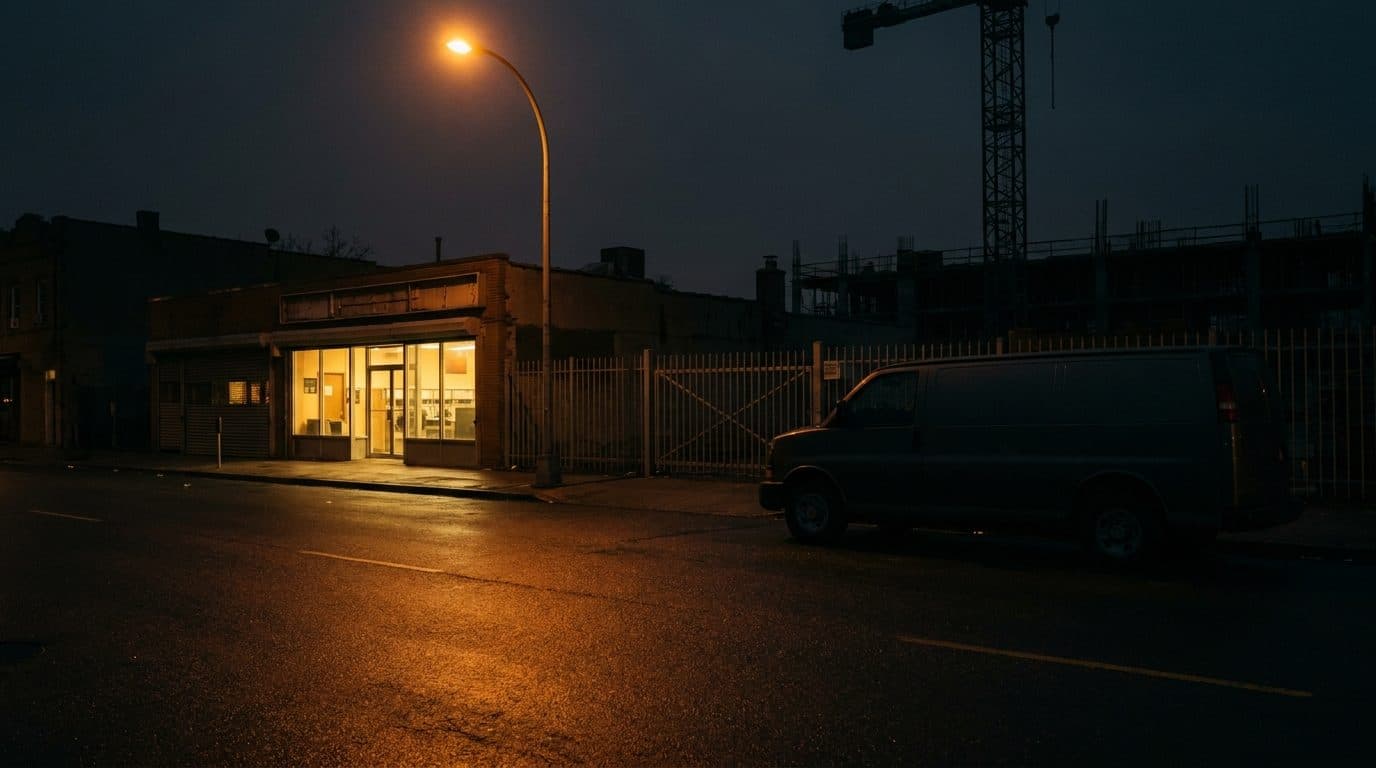 A laundromat storefront at dusk on one side of a street and a main contractor's van parked at a site entrance on the other, amber evening light.