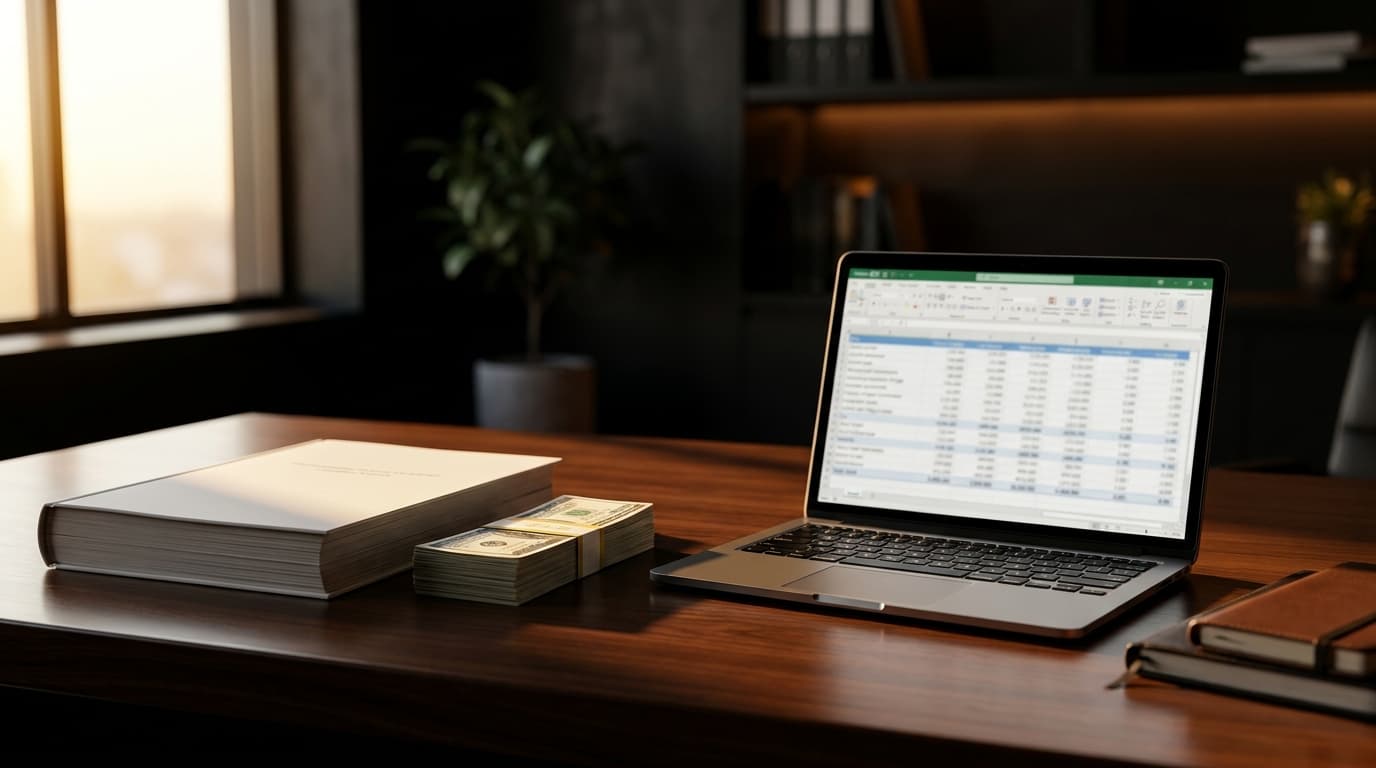A franchise agreement contract beside a pile of cash on one side of a desk and a laptop showing subcontractor job quotes on the other side, bright natural light from a window