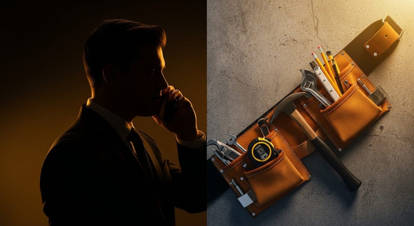 A split scene contrasting a suited operator on a phone with a builder's leather tool belt on raw concrete.