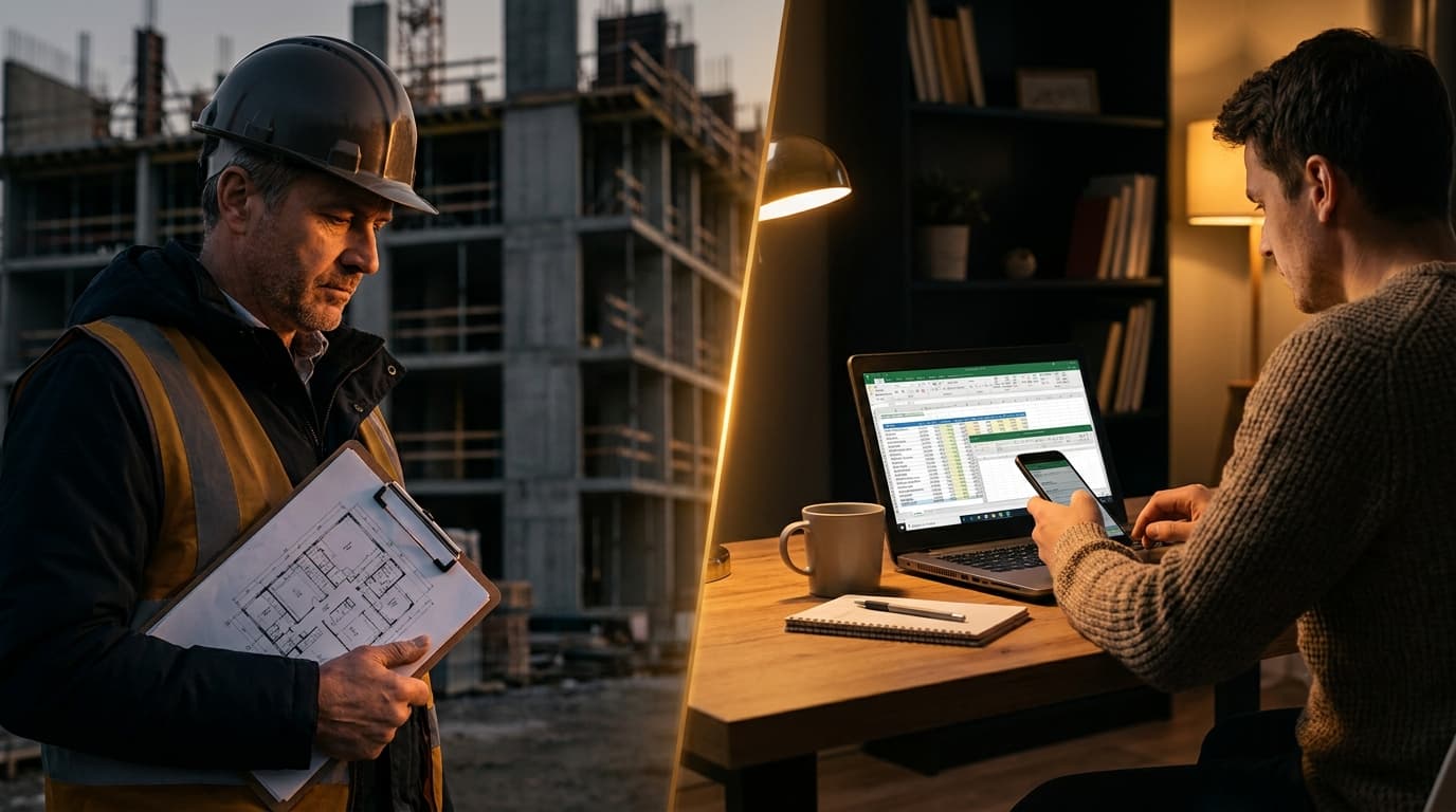 A split scene showing a professional in a hard hat reviewing blueprints on a clipboard at a construction site on the left, and a person in casual clothes managing multiple subcontractor quotes on a laptop and phone at a desk on the right