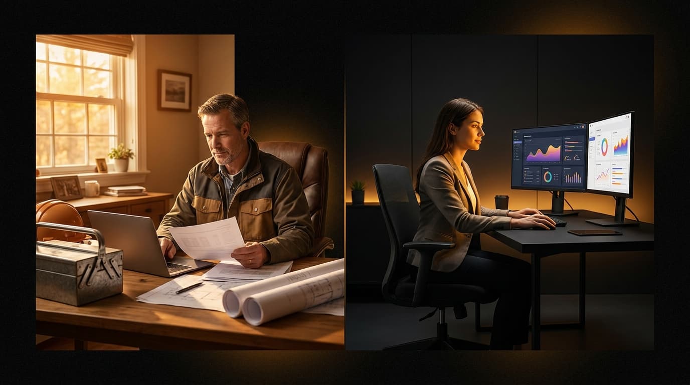 Split image showing a contractor reviewing job quotes and subcontractor details on a laptop beside a toolbox on the left, and a marketing professional at a desk with social media analytics dashboards on screens on the right