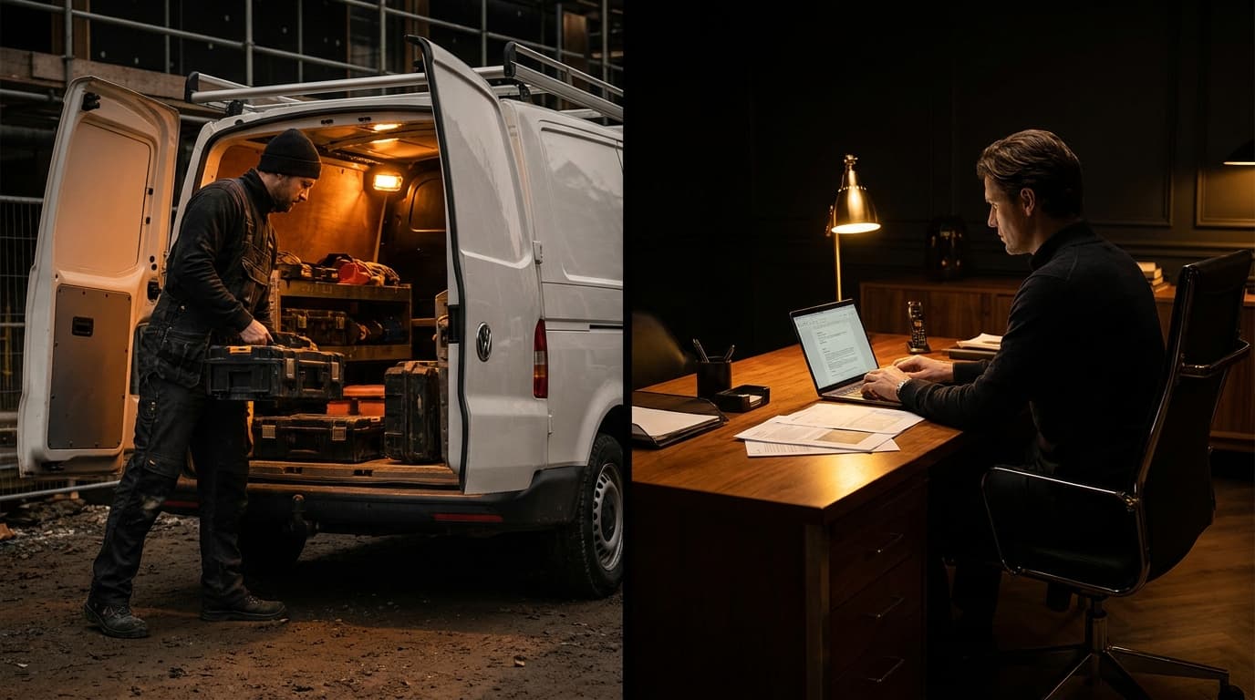 A split scene showing a tradesman in work overalls loading heavy tools into a van at a job site on the left, and a person in casual clothes reviewing subcontractor quotes on a laptop at a desk on the right
