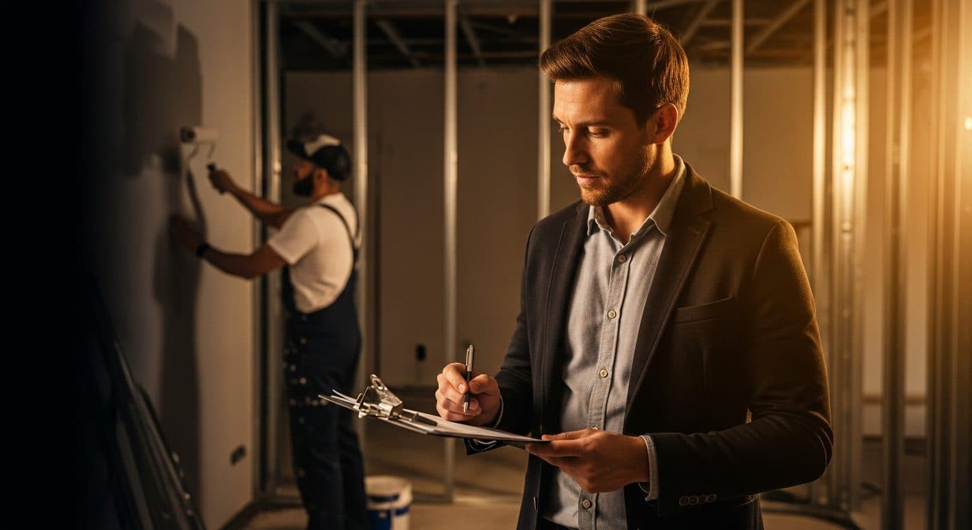 A construction operator in smart casual clothing reviewing plans on a clipboard at a renovation site while a tradesperson paints the wall in the background, illustrating the management layer above the trade execution.