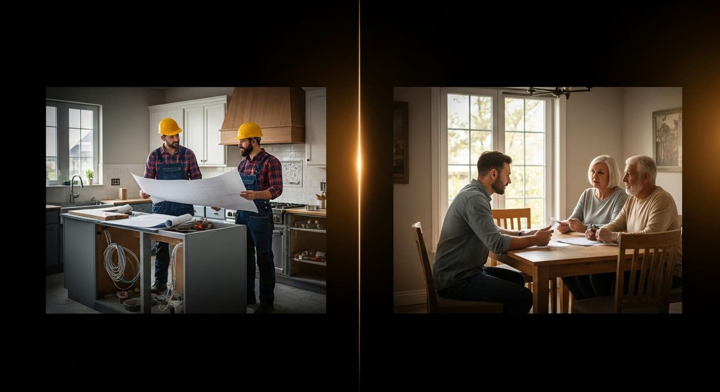 Split scene showing a contractor reviewing renovation plans with a subcontractor on a job site on the left, and a wholesaler sitting across a kitchen table from a distressed property seller on the right.