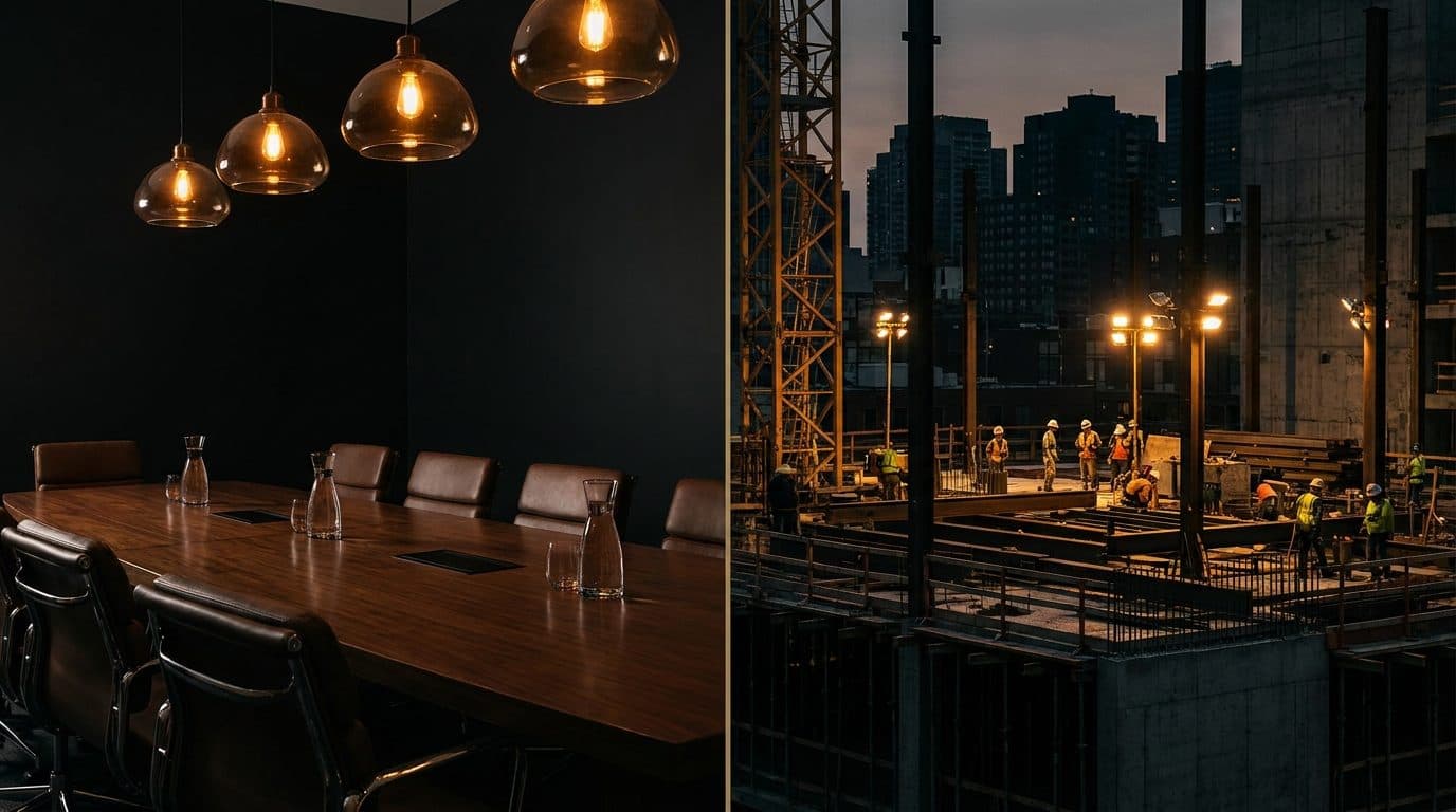 A split scene - a formal meeting room on one side, a building site on the other