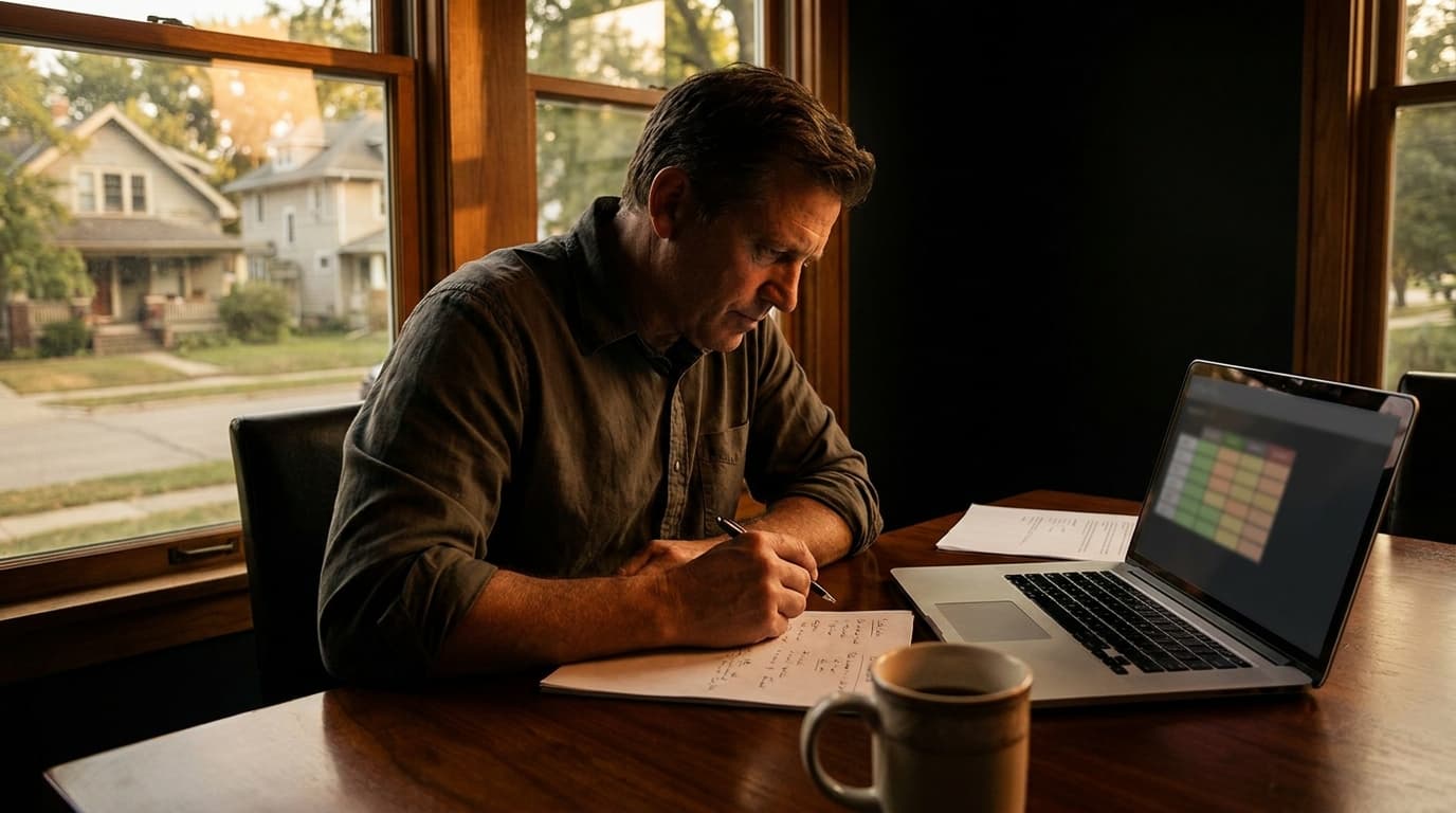 A construction business operator reviewing handwritten notes at a clean desk with a laptop and coffee cup, natural light from a window behind them
