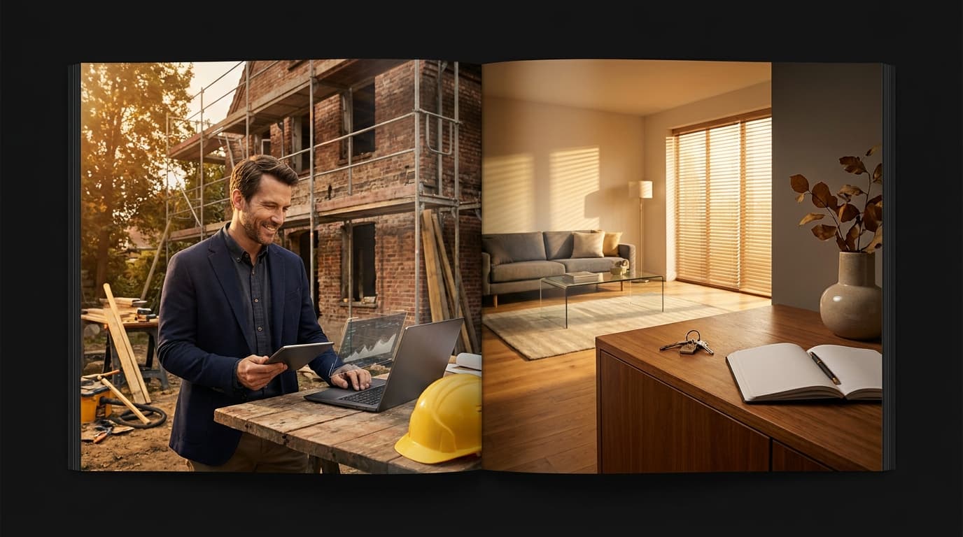 A split scene showing a contractor operator reviewing job quotes on a laptop next to a toolbox on one side and a neatly furnished short-term let apartment with keys on a table on the other