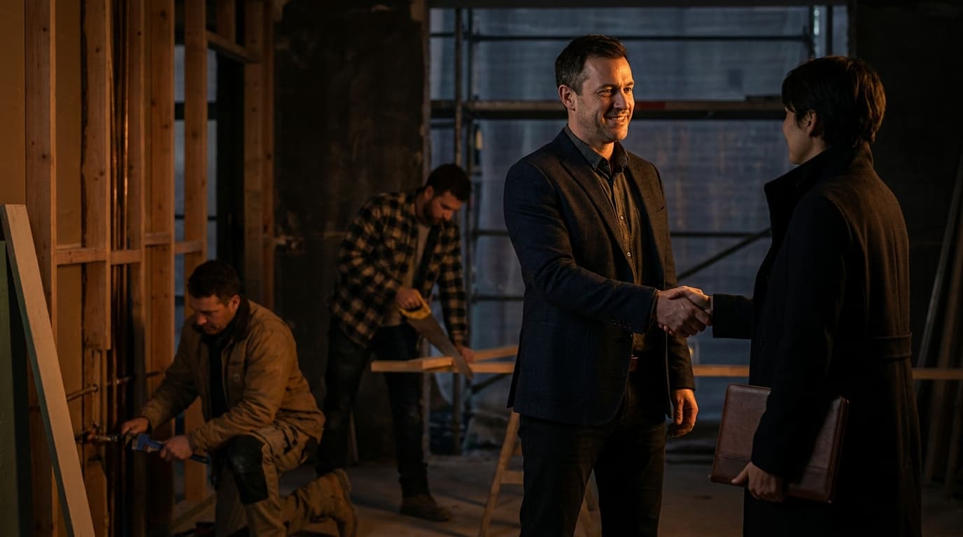 A main contractor in smart casual clothing reviewing a signed contract document at a construction site while tradespeople work on the renovation in the background