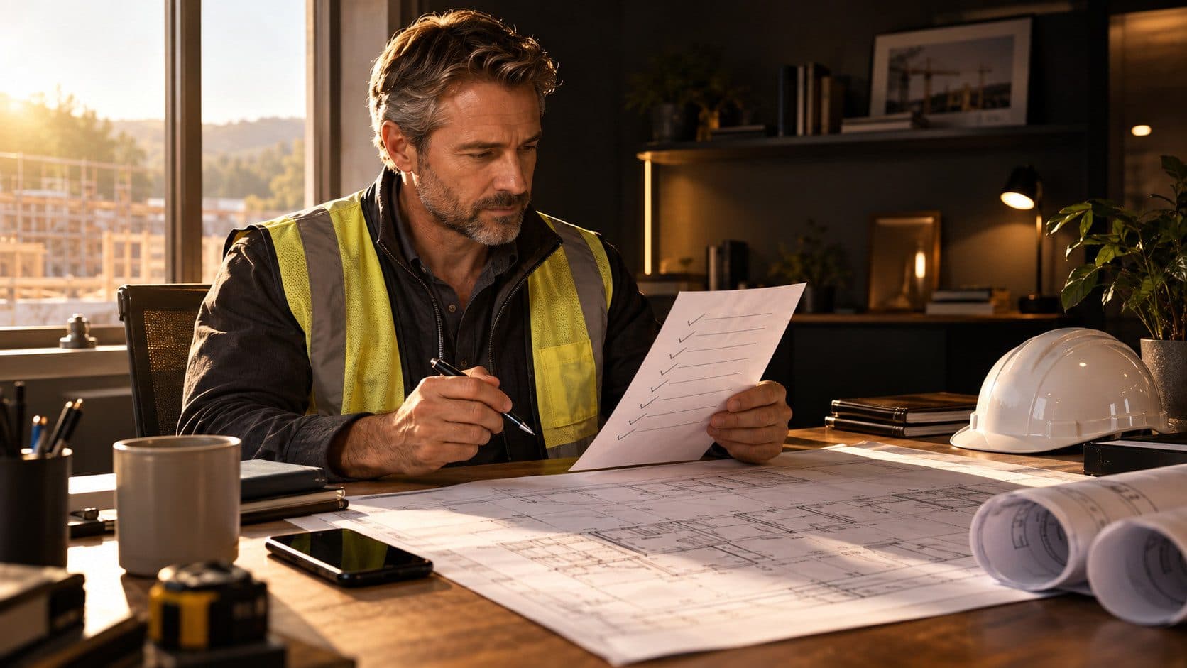 A main contractor in a bright site office reviewing a handwritten list of trusted subcontractors, phone on the desk, morning light through the window.