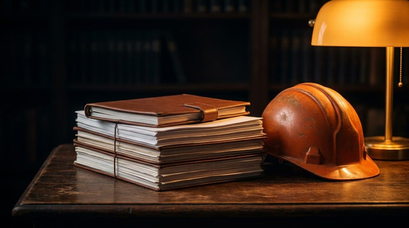 A neat stack of legal documents, an insurance folder and a hard hat on a dark wooden desk.