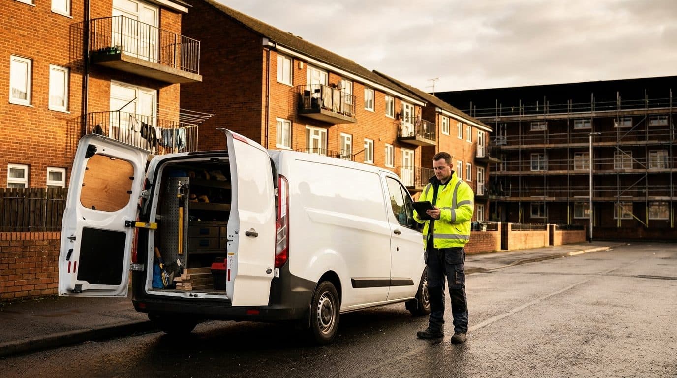 A council repairs van parked outside a low-rise housing block in the morning, with an operative in hi-vis checking a job list on a tablet by the open rear doors