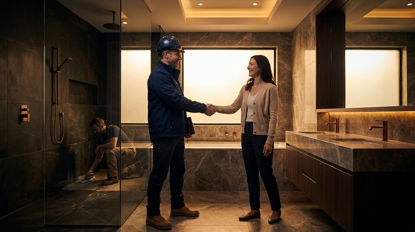 A contractor in a hard hat reviewing a completed bathroom renovation with a satisfied homeowner while a tiler works in the background.