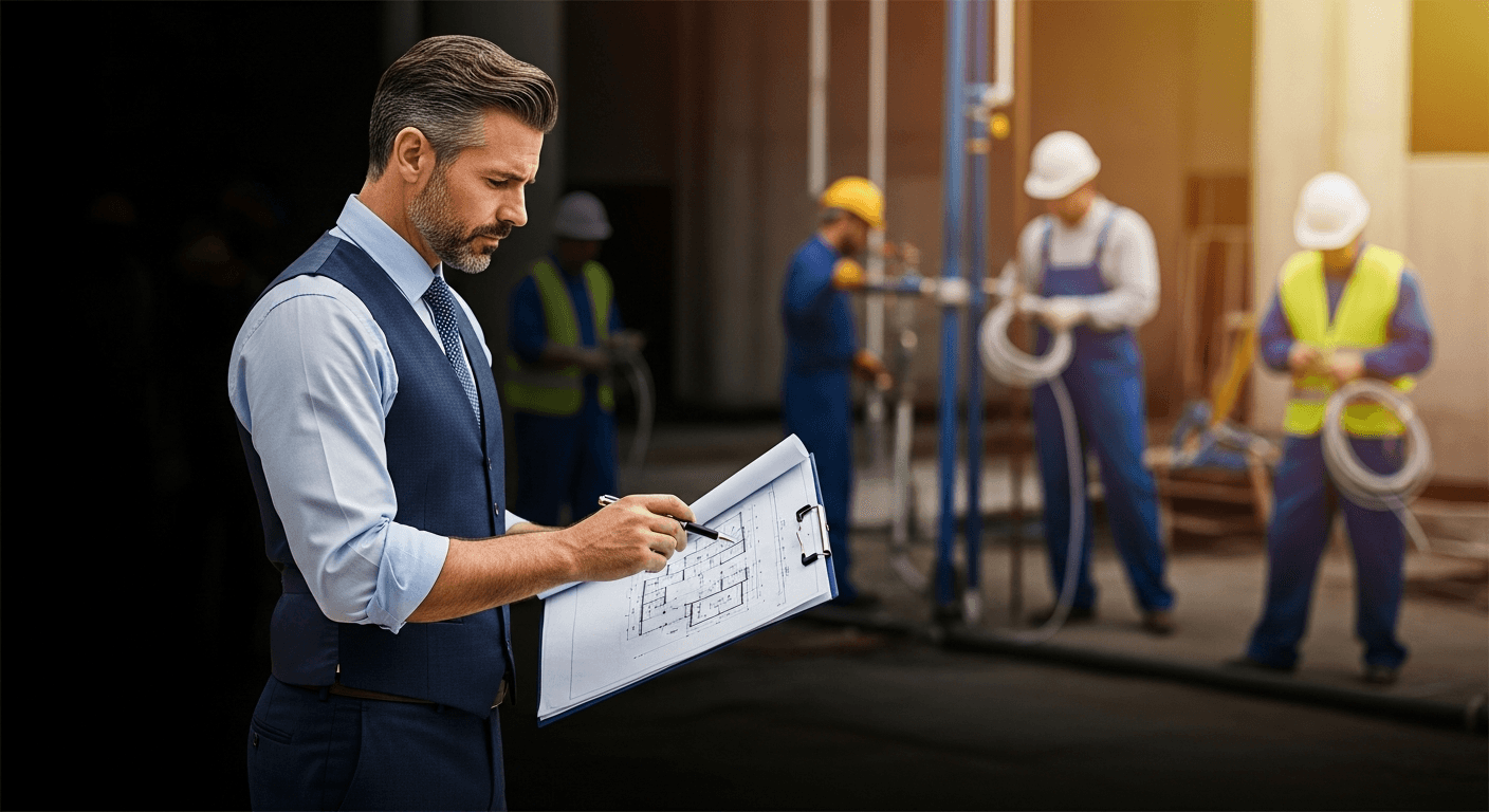 A general contractor in business casual clothes reviewing blueprints on a clipboard at a construction site while trade crews work in the background behind them.