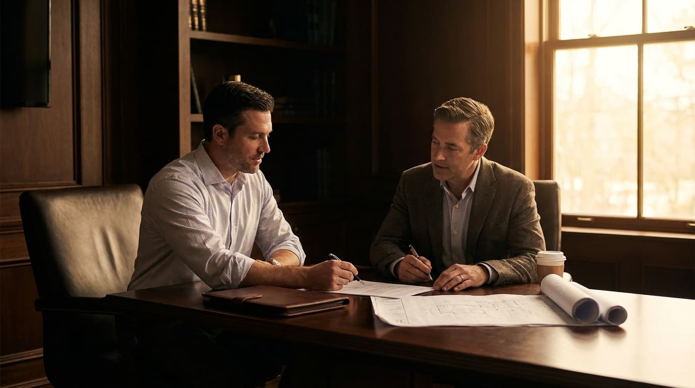 A contractor sitting across a table from a client signing a prime contract, with blueprints and a subcontractor agreement visible on the desk.