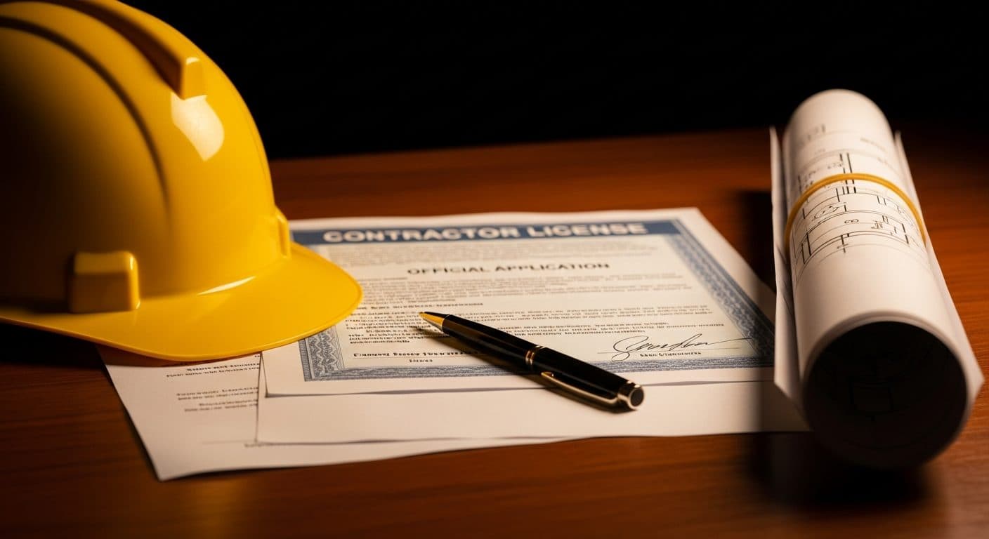 A contractor license certificate and application form laid on a desk beside a hard hat, a pen, and a set of architectural blueprints.