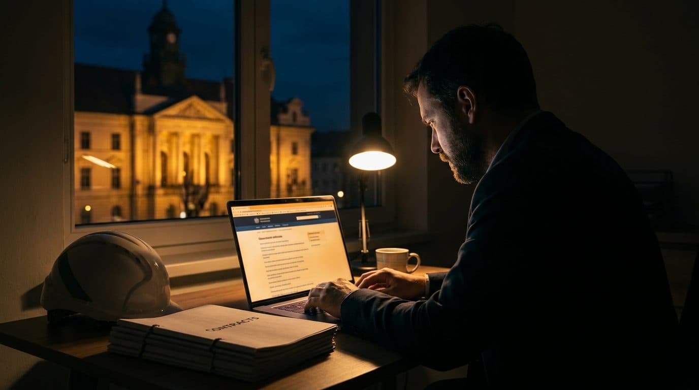 A contractor at a laptop late in the evening reviewing a public tender notice, with a UK civic building lit outside the window
