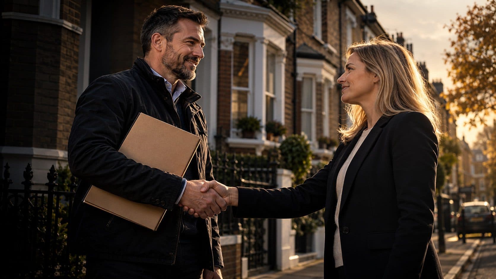 A contractor in a smart jacket shaking hands with a property manager outside a residential block, a folder of job sheets under their arm.