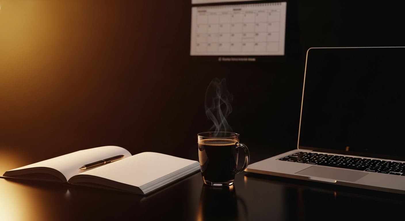 An open notebook, a coffee and a laptop beside a wall calendar on a dark desk, an early-morning planning scene.