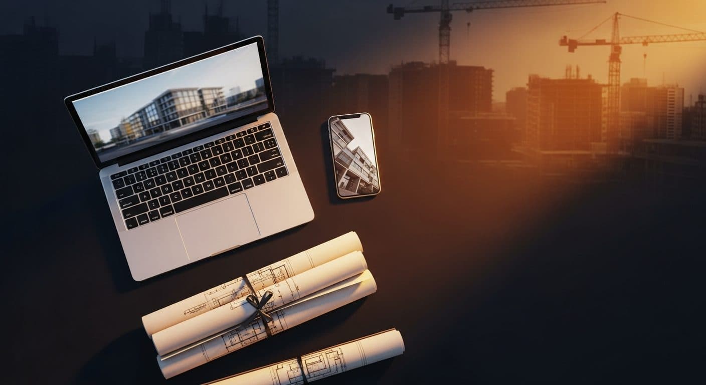 An overhead flat-lay of a laptop, smartphone and rolled architectural drawings on a dark desk with a blurred construction skyline behind.