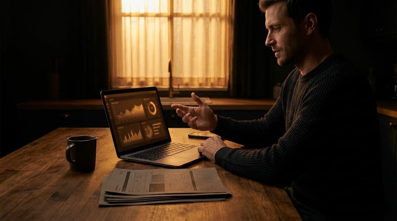 A contractor sitting at a kitchen table with a laptop, a printed quote, and a coffee mug, running numbers on a small renovation job with sub prices and client invoice side by side.