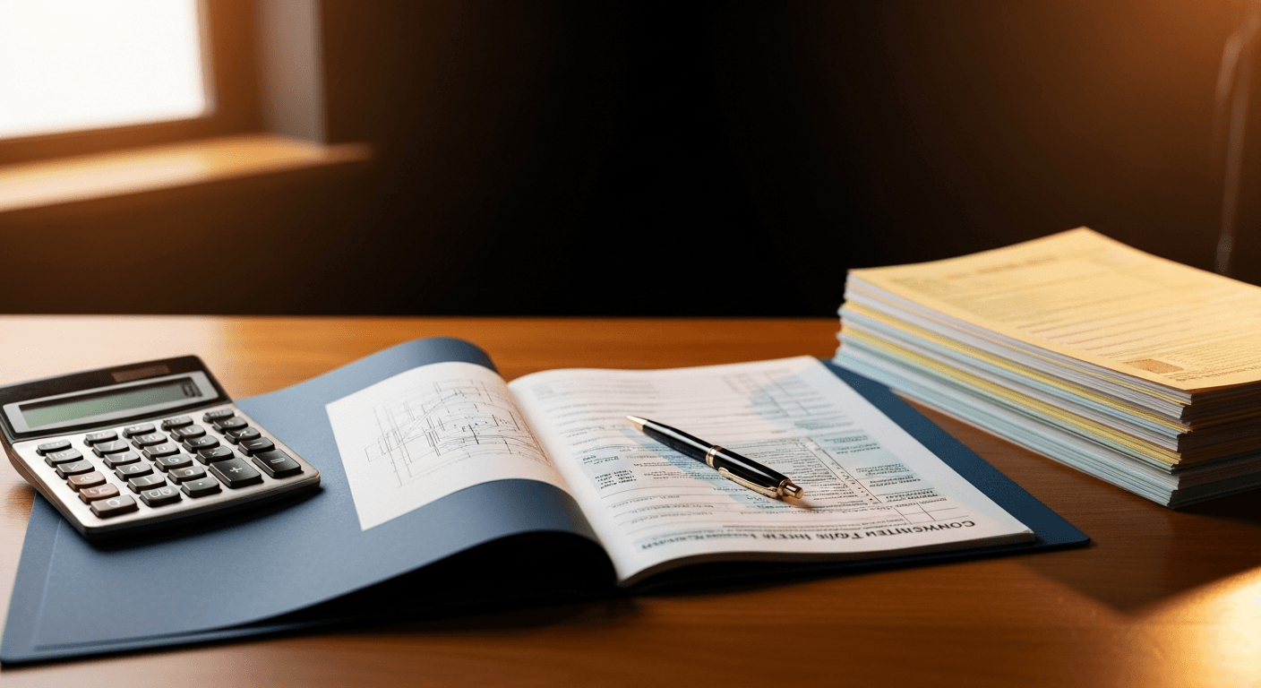 A calculator, tax forms, and a construction project folder open on a desk - representing tax obligations for a construction arbitrage business