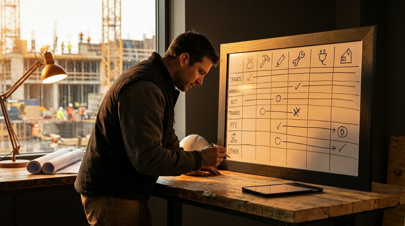 A contractor at a desk reviewing a whiteboard showing trade names and availability across multiple job types.