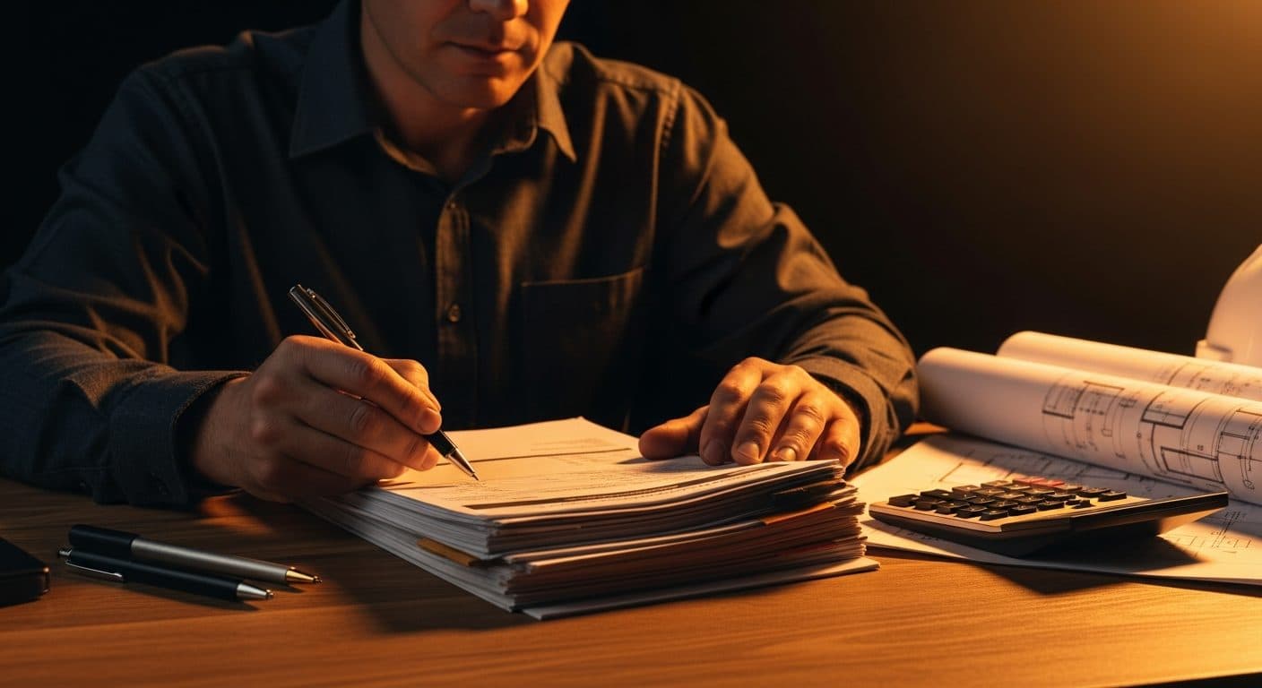 A general contractor reviewing subcontractor quotes on a desk with a calculator, pen, and stacked invoices under warm workshop lighting.