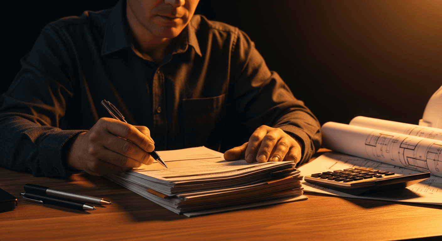 A general contractor reviewing subcontractor quotes on a desk with a calculator, pen, and stacked invoices under warm workshop lighting.