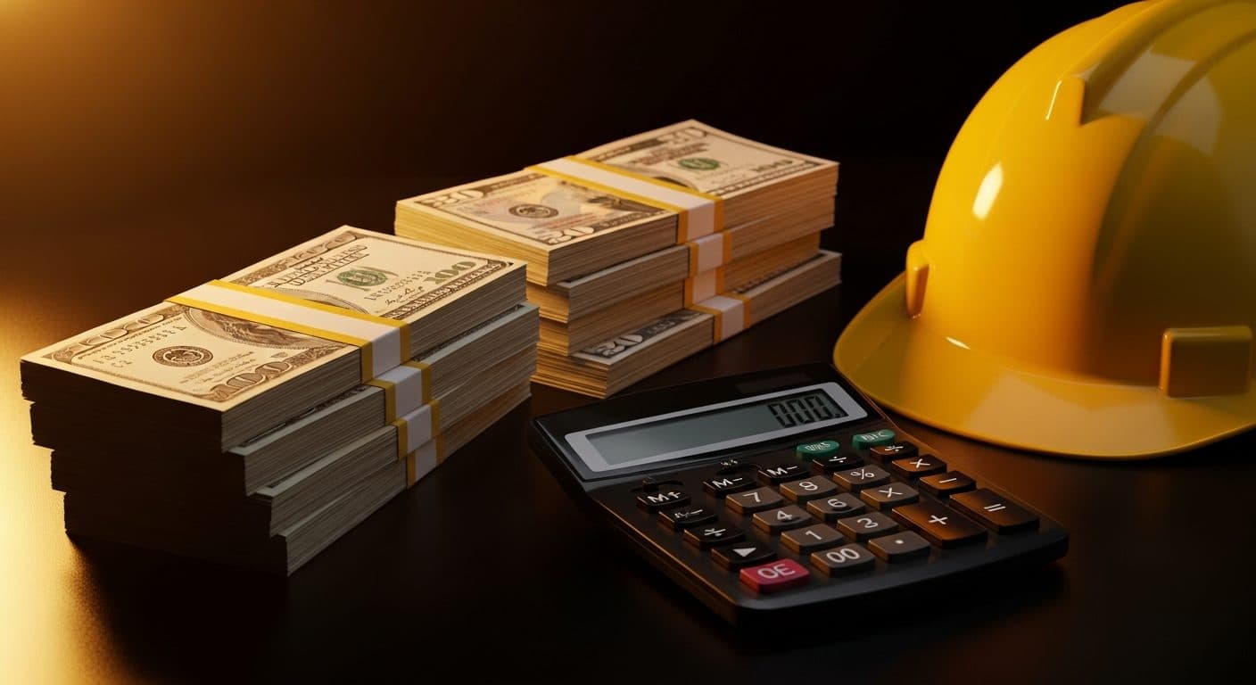 Neat stacks of banknotes and a calculator beside a hard hat on a dark surface in warm amber light.