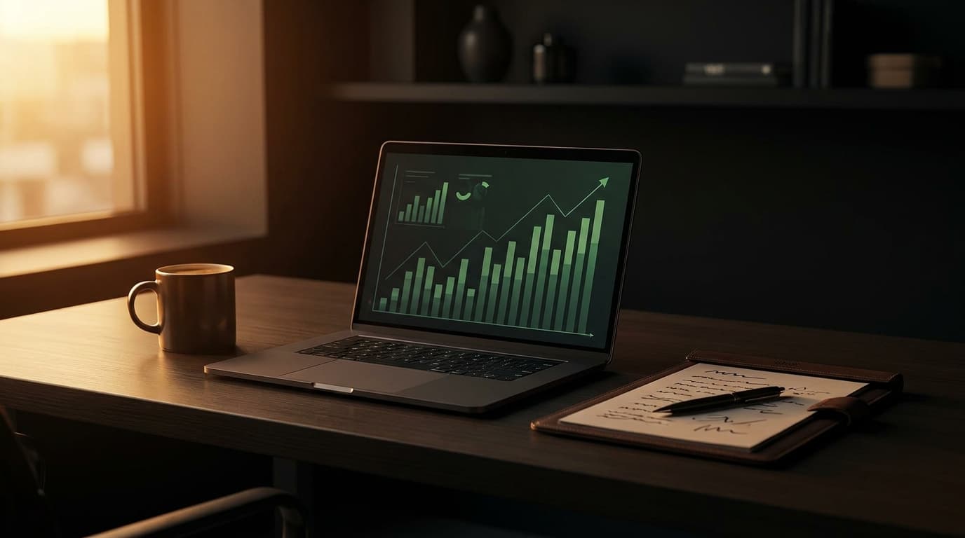 A clean desk with a laptop showing a profit breakdown spreadsheet and a notepad with monthly income figures, lit by warm natural light from a window