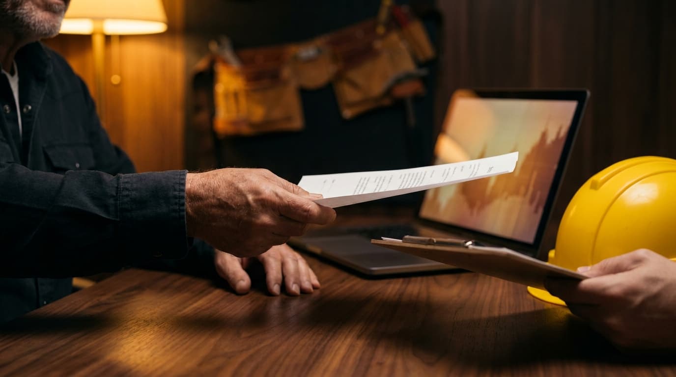 A construction business owner's hand passing a printed job sheet across a dark walnut desk to a subcontractor holding a hard hat and clipboard, a laptop with a job schedule glowing beside them under a warm amber lamp.