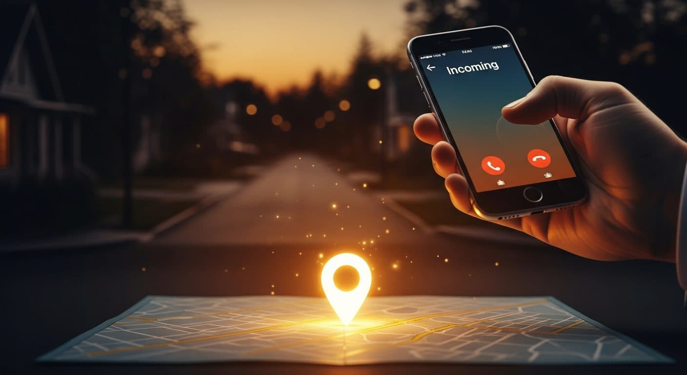 A smartphone showing an incoming call held over a map with a glowing location pin, a residential street at dusk behind.