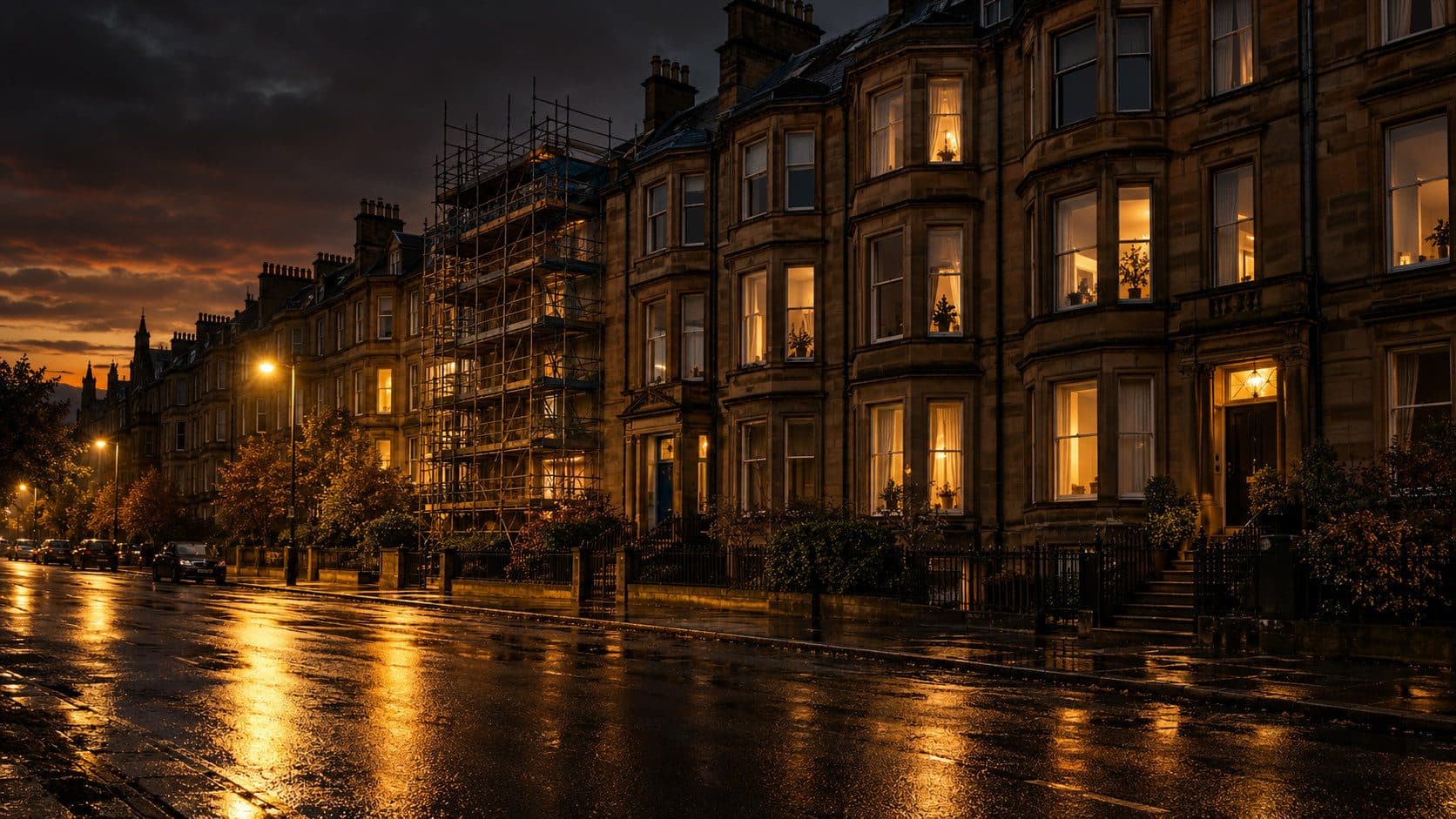 A row of Glasgow tenement housing at dusk with scaffolding on one block, seen from across a wet street lit by warm amber streetlights